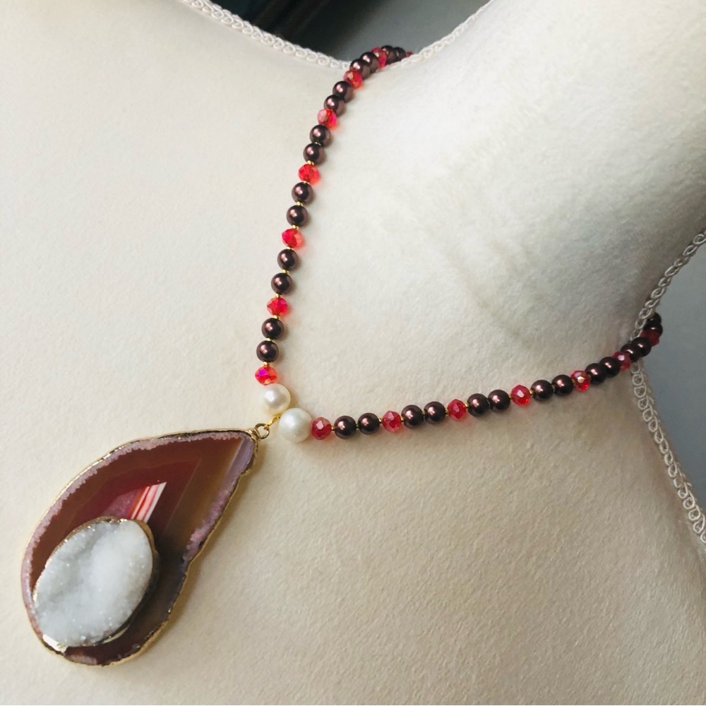 Handcrafted repurpose drusy agate slab pendant Czech glass Pearl necklace